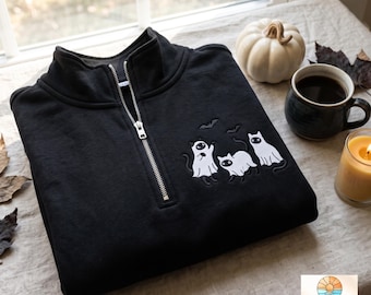Embroidered Ghost Cats Quarter Zip Sweatshirt, Halloween Cat Lover Tee