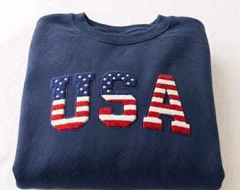 Sudadera bordada de chenilla con la bandera de EE. UU., prenda patriótica para el 4 de julio.