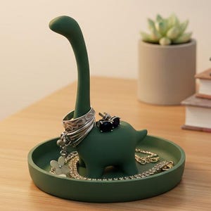 Può includere: Un portagioie a forma di dinosauro verde scuro. Il dinosauro ha un collo lungo e una base a vassoio circolare. Anelli e collane sono esposti sul dinosauro. Il supporto è su una superficie di legno, con una piccola pianta e libri sullo sfondo.