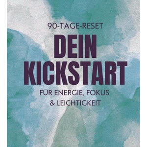 Puede incluir: Portada de libro con el título "DEIN KICKSTART" en letras moradas grandes. La portada también incluye el nombre del autor, "Laura Isabell Frohne", y el subtítulo "FÜR ENERGIE, FOKUS & LEICHTIGKEIT". El fondo tiene un efecto acuarela en tonos azules y verdes.