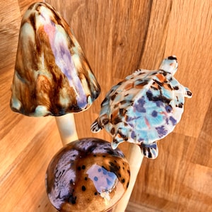 Ceramic Mushroom Garden Stakes: Turtle SHROOMMATES, Potted Plant Decor