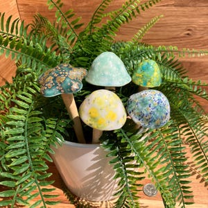 Five Colorful Mini Mushrooms – SHROOMMATES – Ceramic Garden Stakes – Potted Plant Decor – Free U.S. Shipping!