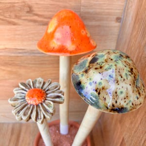 Handmade Ceramic Mushroom Garden Stakes - Orange & Earthy Decor