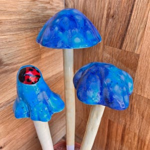 Ceramic Mushroom Garden Stakes: Ocean Blue, Ladybug Decor - SHROOMMATES