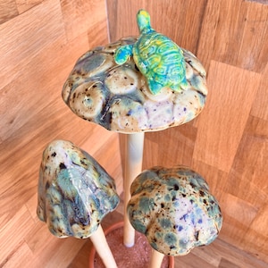 Earthy Mushrooms with Turtle – SHROOMMATES – Ceramic Garden Stakes – Potted Plant Decor – Free U.S. Shipping!