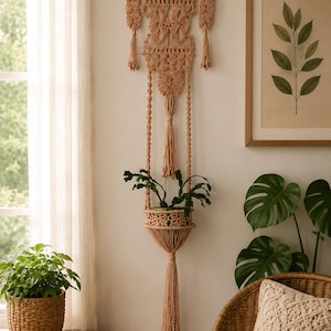 May include: A beige macrame wall hanging featuring an intricate knotted pattern, a wooden dowel top, and a suspended circular plant holder at the bottom. The design includes long decorative tassels and vertical cords supporting the plant basket.