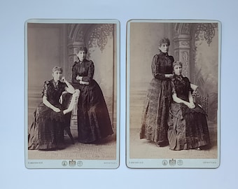 Antique Large Cabinet Card Pair 1890s Sisters Buivid Nemchinov Irkutsk Russian Empire Portrait Photos