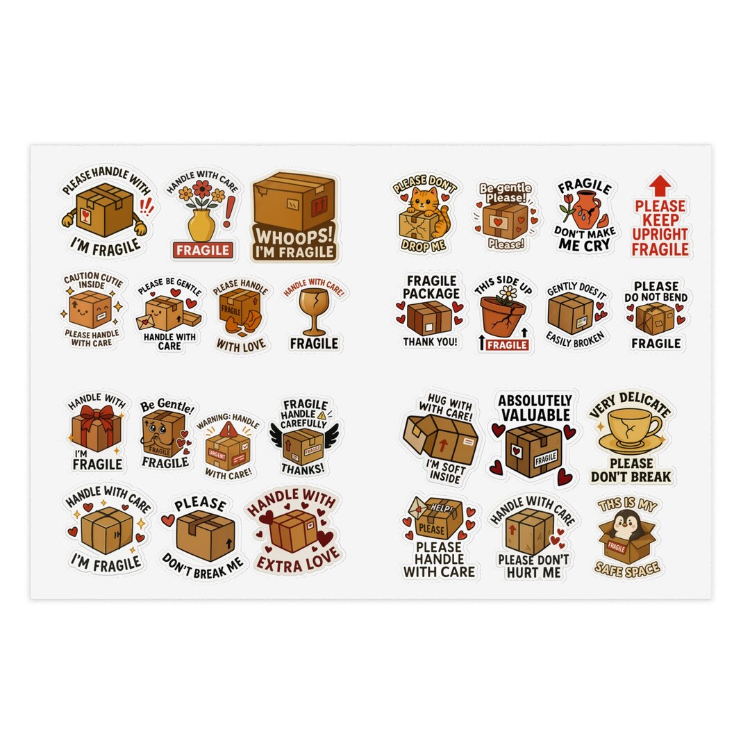 Cute Fragile Sticker Sheets for Packaging, Adorable Labels, Delicate ...