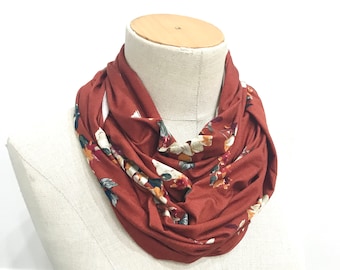 CLEARANCE SALE Women's Stretch Jersey Infinity Scarf | Lightweight Soft Scarf | Rust Floral Print Scarf | Gift for Teacher Friend Teen