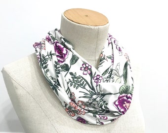 Women's Stretch Jersey Infinity Scarf | Lightweight Soft Scarf | Purple and Green Floral Scarf | Gift for Teacher Friend Teen