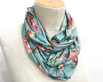 CLEARANCE SALE Women's Stretch Jersey Infinity Scarf | Lightweight Soft Scarf | Pink and Blue Floral Scarf | Gift for Teacher Friend Teen