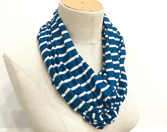 CLEARANCE SALE Women's Stretch Jersey Infinity Scarf | Lightweight Soft Scarf | Blue and White Scarf | Gift for Teacher Friend Teen