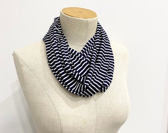 CLEARANCE SALE Women's Stretch Jersey Infinity Scarf | Lightweight Soft Scarf | Navy and White Stripe Scarf | Gift for Teacher Friend Teen