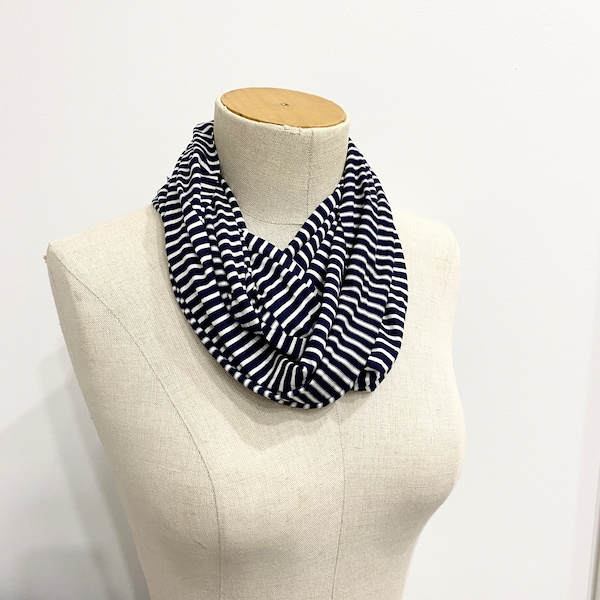 CLEARANCE SALE Women's Stretch Jersey Infinity Scarf | Lightweight Soft Scarf | Navy and White Stripe Scarf | Gift for Teacher Friend Teen