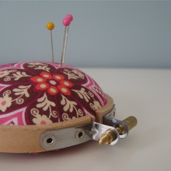 Embroidery Hoop Pincushion Pink and Yellow Floral Ready to Ship Free US Shipping