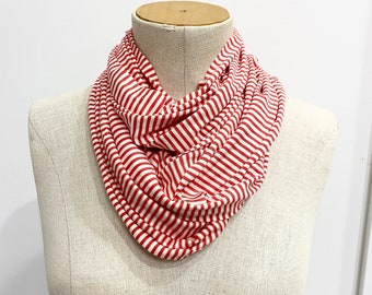 CLEARANCE SALE Women's Stretch Jersey Infinity Scarf | Lightweight Soft Scarf | Red and White Stripe Scarf | Gift for Teacher Friend Teen