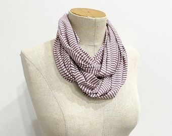 CLEARANCE SALE Women's Stretch Jersey Infinity Scarf | Lightweight Soft Scarf | Purple and White Stripe Scarf | Gift for Teacher Friend Teen