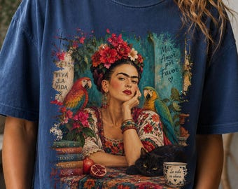 Frida Kahlo Inspired Shirt, Viva La Vida T Shirt, Mexican Folk Art Tee, Parrot Black Cat Shirt, Colorful Artist Gift