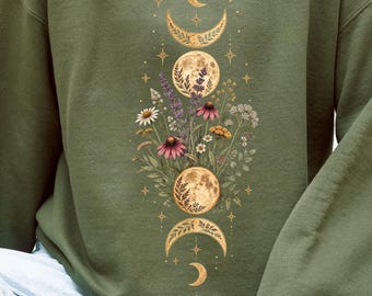 Moon Phase Sweatshirt, Botanical Moon Sweater, Witchy Pullover, Wildflower Design, Celestial Sweatshirt, Spiritual Gift