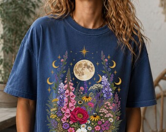 Wildflower Moon Shirt, Celestial Floral T Shirt, Moon Garden Tee, Botanical Moon Shirt, Cottagecore Flower Tee