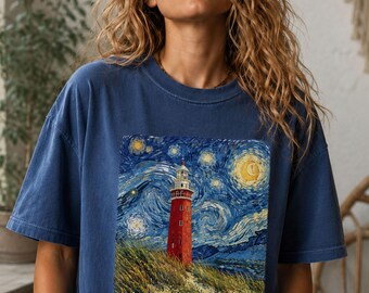 Chasing the Light Lighthouse Shirt, Coastal Art T Shirt, Starry Night Ocean Tee, Lighthouse Lover Gift, Comfort Colors Shirt