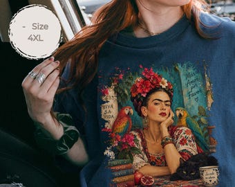 Frida Kahlo inspiriertes Shirt, Viva La Vida T Shirt, Mexiko Kunst Shirt, Papageien Katze, Künstler Geschenk