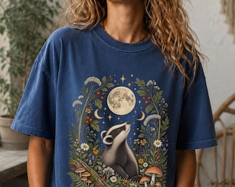 Badger Shirt, Cottagecore T Shirt, Woodland Animal Tee, Moon and Mushroom Shirt, Botanical Nature Shirt, Forest Lover Gift