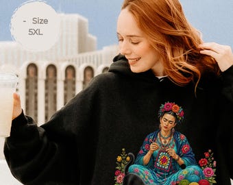 Frida Kahlo inspirierter Felpa con cappuccio all'uncinetto, Felpa con cappuccio Häkel, Grandma Square Präsent, Felpa con cappuccio Schwarze Katze, Wolle Geschenk, Felpa con cappuccio Boho, Handarbeit