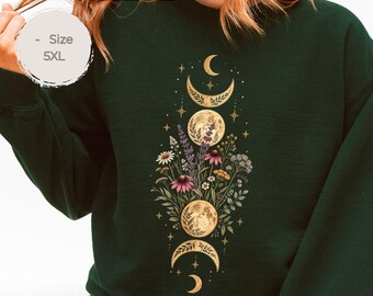 Mondphasen Sweatshirt, Botanischer Mond Sweater, Witchy Pullover, Wildblumen Design, Hemelse Trui, Spirituelles Geschenk