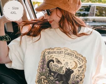 Schwarze Katze Shirt, Moonlight Garden Society, Cottagecore T-Shirt, Botanisches Mond Shirt, Witchy Cat Shirt, Pilze Motten