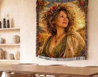 Demeter Woven Blanket, Greek Goddess of Harvest, Pagan Mythology Wall Art, Wheat and Pomegranate Decor