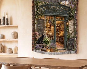 Willow & Sage Apothecary Woven Blanket, Witchy Botanical Wall Art, Black Cat Tapestry, Cottagecore Herbalist Decor