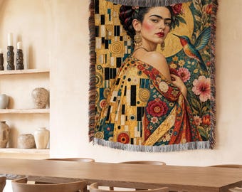 Frida Kahlo Inspired Woven Blanket, Golden Frida Art, Klimt Inspired Throw, Hummingbird Floral Wall Tapestry