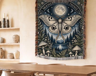 Moonlight Moth Woven Blanket, Celestial Moth Wall Tapestry, Moon and Mushroom Blanket, Cottagecore Forest Decor, Witchy Home Decor