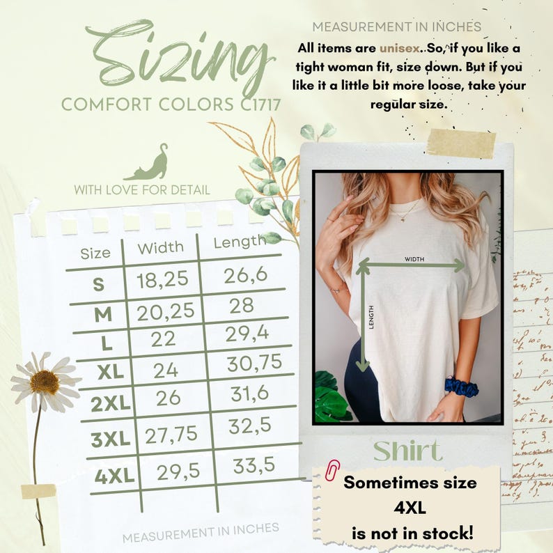 May include: A beige unisex t-shirt with a size chart and measurements in inches. The chart lists sizes S to 4XL, with corresponding width and length measurements. Text on the image advises sizing down for a tighter fit or taking your regular size for a looser fit.