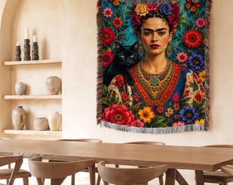 Frida Kahlo Inspired Woven Blanket, Black Cat Butterfly Throw, Mexican Art Blanket, Boho Wall Tapestry