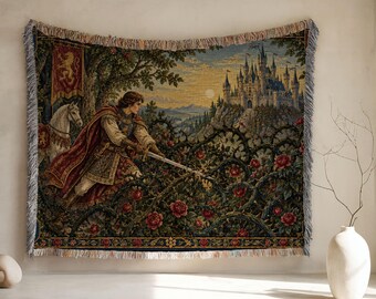 Sleeping Beauty Woven Blanket, Briar Rose Prince Tapestry, Medieval Fairy Tale Throw, Romantic Castle Wall Hanging, Cottagecore Decor