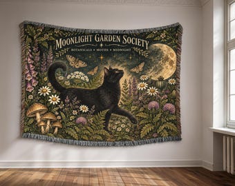Moonlight Garden Society Woven Blanket, Black Cat Blanket, Botanical Moon Wall Tapestry, Cottagecore Witchy Decor