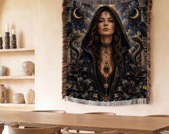 Lilith Woven Blanket, Dark Goddess Art, Raven Snake Moon Wall Tapestry, Pagan Witchy Decor, Gothic Woven Throw