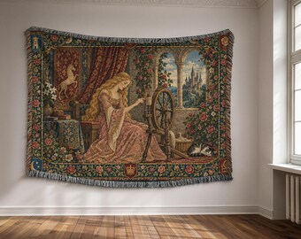 Sleeping Beauty Woven Blanket, Spinning Wheel Tapestry, Fairy Tale Wall Art, Medieval Castle Decor, Romantic Storybook Gift