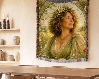 Demeter Goddess Woven Blanket, Greek Mythology Tapestry, Spring Goddess Decor, Botanical Wall Hanging, Pagan Gift