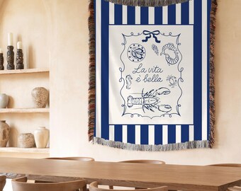 Blue White Striped Woven Blanket, Italian Coastal Decor, Mediterranean Throw, Lobster Seafood, La Vita È Bella
