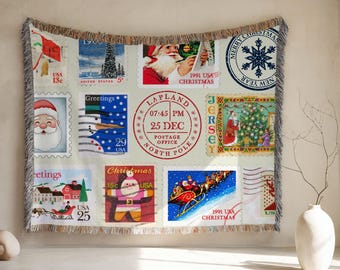 Vintage Christmas Woven Blanket, Christmas Stamp Collage, Retro Holiday Throw, Santa Christmas Decor, Woven Wall Art