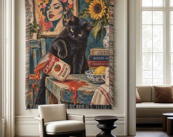 Black Cat Woven Blanket, Funny Cat Art Throw, Vintage Boho Wall Tapestry, Tomato Soup Cat, Eclectic Art Lover Gift