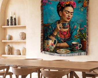Frida Kahlo Inspired Woven Blanket, Floral Wall Art, Mexican Decor, Boho Throw Blanket, Tea Lover Gift
