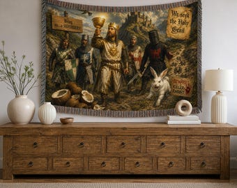 Medieval Knight Woven Blanket, Funny Fantasy Tapestry, Dark British Humor, Killer Rabbit Decor, Quirky Gift for Fantasy Lovers
