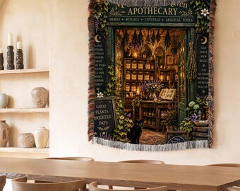 Magic Moon & Raven Apothecary Woven Blanket, Witchy Home Decor, Herbalist Wall Tapestry, Black Cat, Botanical Magic