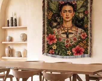 Frida Kahlo Inspired Woven Blanket, Black Cat and Monkeys, Boho Mexican Art Throw, Colorful Woven Wall Tapestry