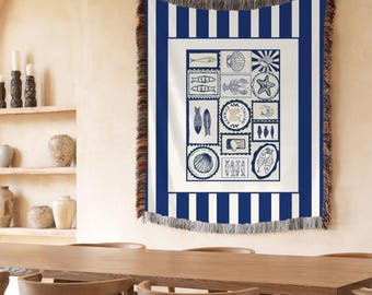 Italian Summer Woven Blanket, Mediterranean Coastal Throw, Blue White Striped Blanket, Nautical Beach House Decor