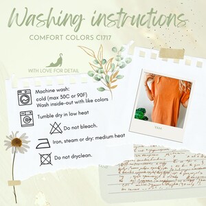 May include: A collage with washing instructions for a Comfort Colors C1717 shirt. The instructions include machine wash cold, tumble dry low, do not bleach, and iron medium heat. A photo of an orange shirt is included, with the word "YAM" below it.